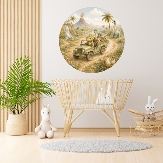 Ronde muursticker dinosaurus terreinwagen | Baby- en kinderkamer