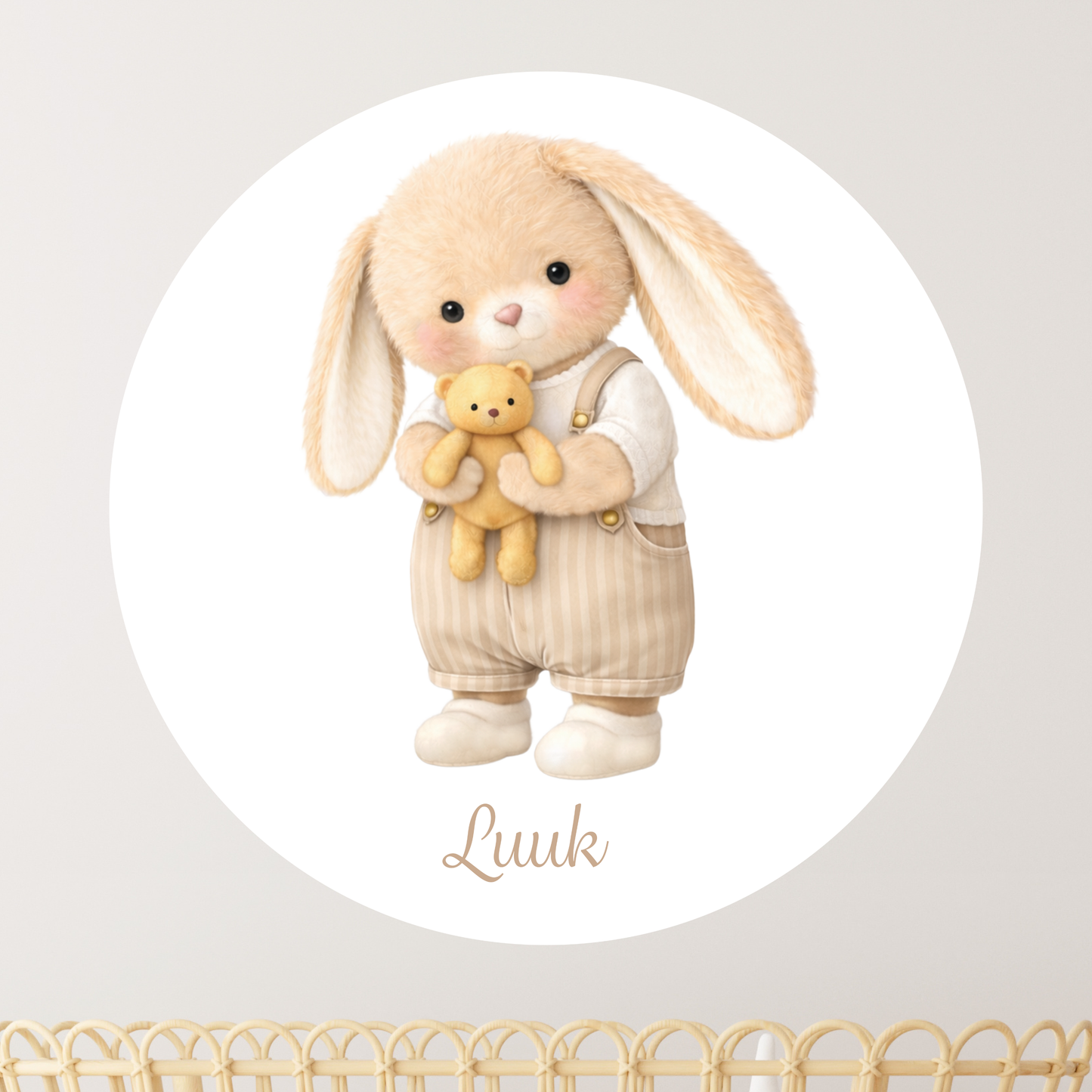 Sticker mural avec nom | Lapin avec peluche