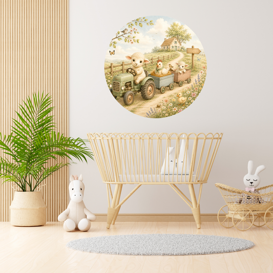 Ronde muursticker boerderijdieren tractor | Baby- en kinderkamer