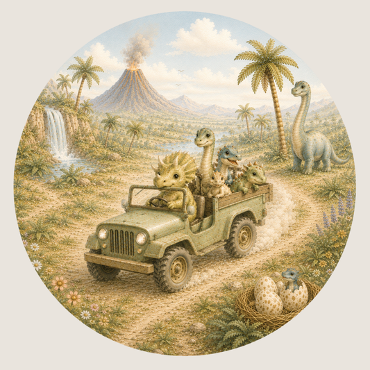 Ronde muursticker dinosaurus terreinwagen | Baby- en kinderkamer