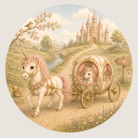 Ronde muursticker sprookjes eenhoorn koets | Baby- en kinderkamer