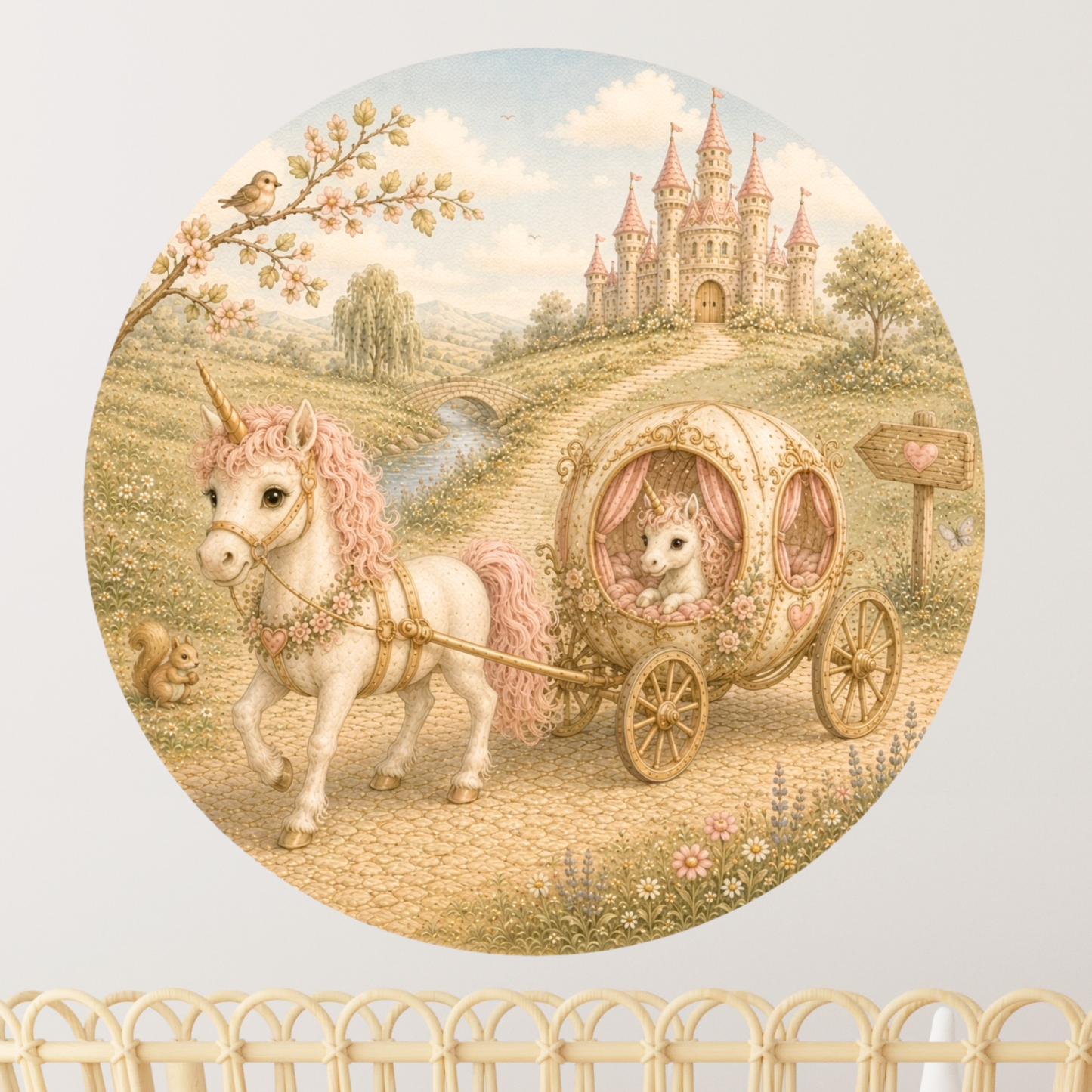 Ronde muursticker sprookjes eenhoorn koets | Baby- en kinderkamer