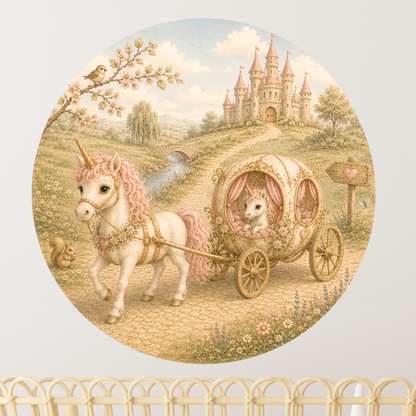Ronde muursticker sprookjes eenhoorn koets | Baby- en kinderkamer