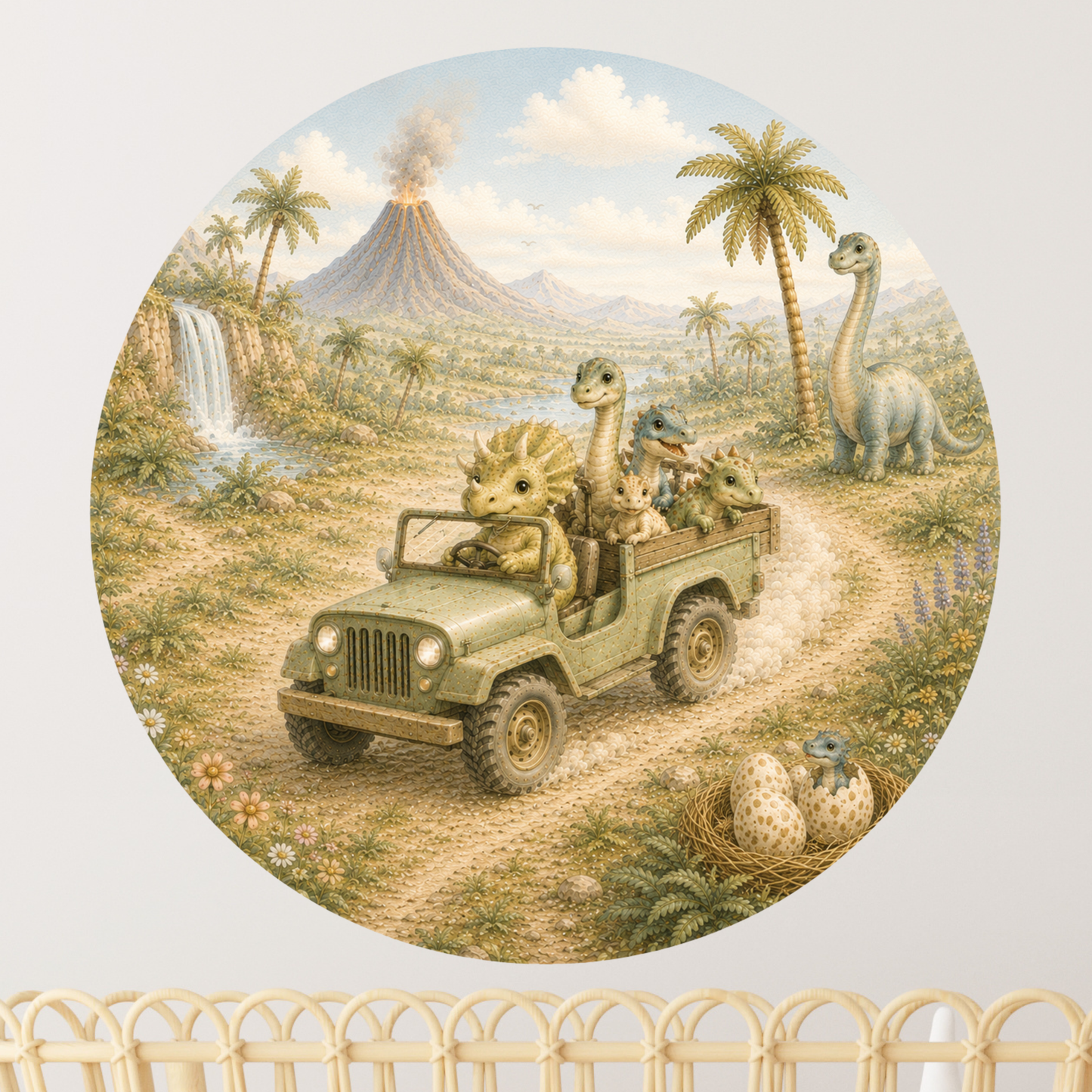 Ronde muursticker dinosaurus terreinwagen | Baby- en kinderkamer