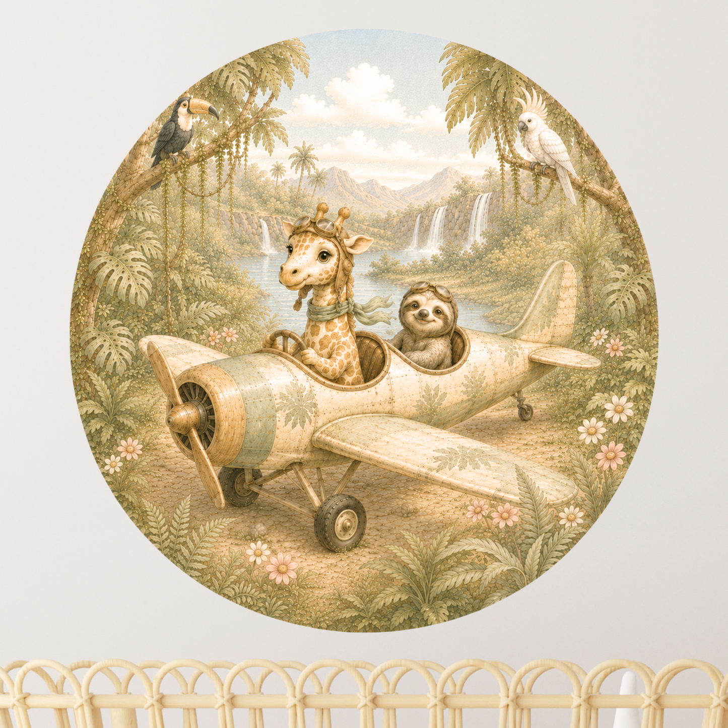 Ronde muursticker jungledieren vliegtuig | Baby- en kinderkamer