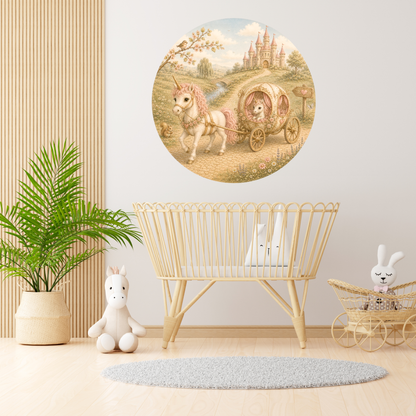 Ronde muursticker sprookjes eenhoorn koets | Baby- en kinderkamer