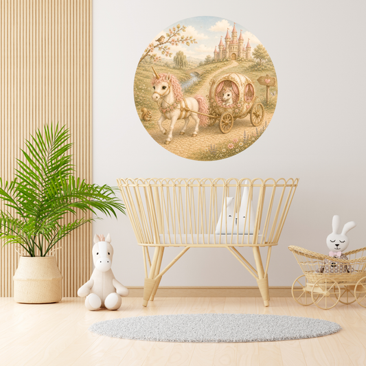Ronde muursticker sprookjes eenhoorn koets | Baby- en kinderkamer