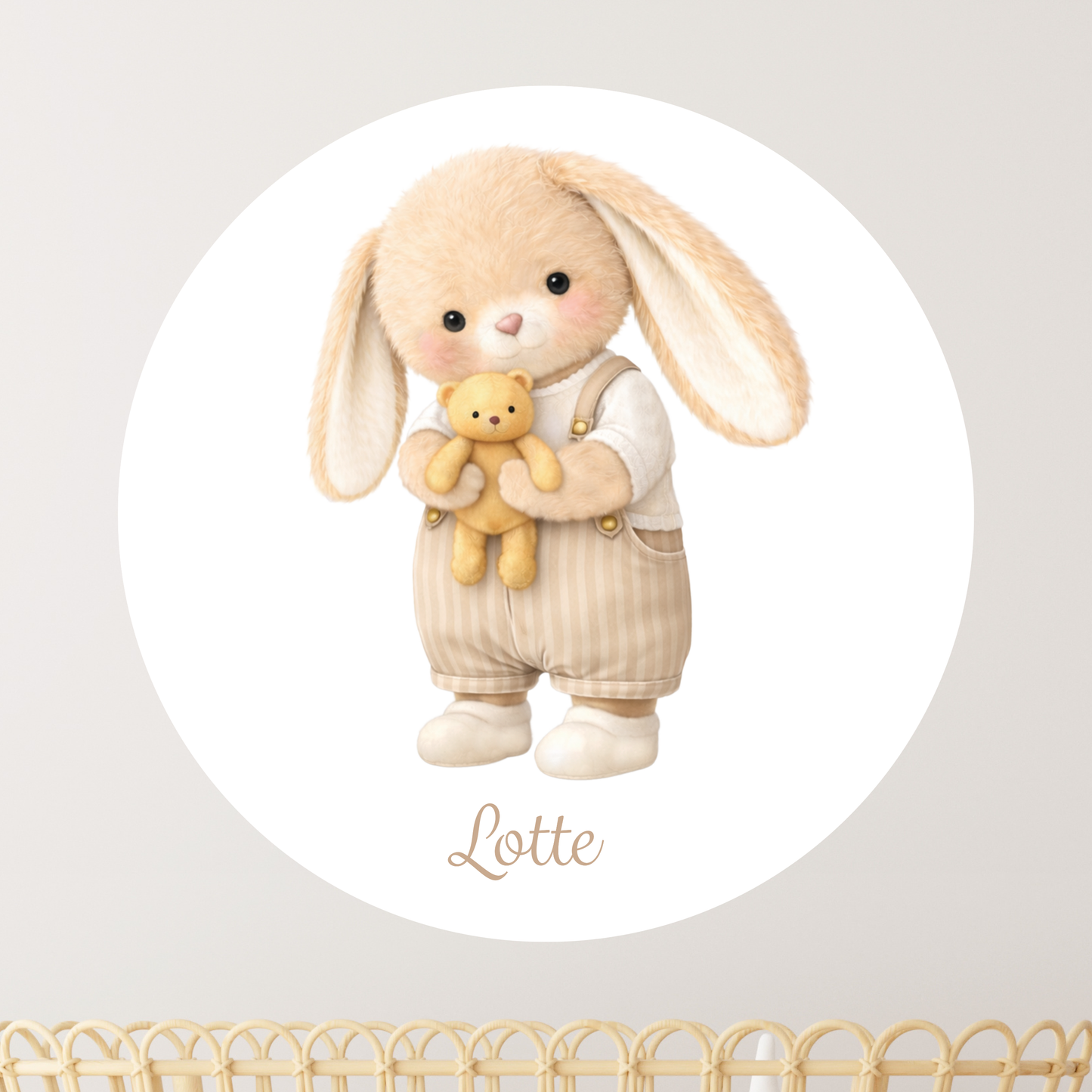 Ronde muursticker met naam 60 cm | Konijn met knuffel