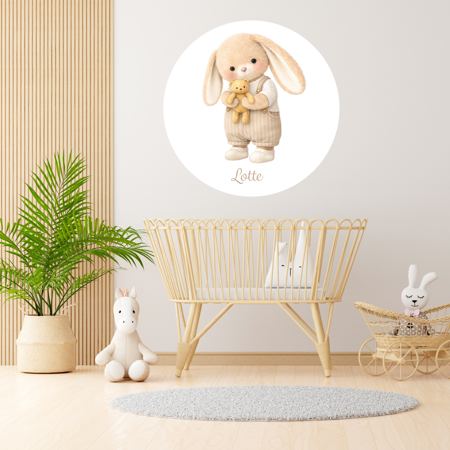 Ronde muursticker met naam 60 cm | Konijn met knuffel