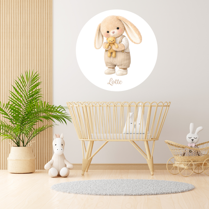 Ronde muursticker met naam 60 cm | Konijn met knuffel