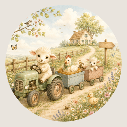 Ronde muursticker boerderijdieren tractor | Baby- en kinderkamer