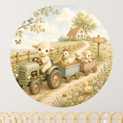 Ronde muursticker boerderijdieren tractor | Baby- en kinderkamer