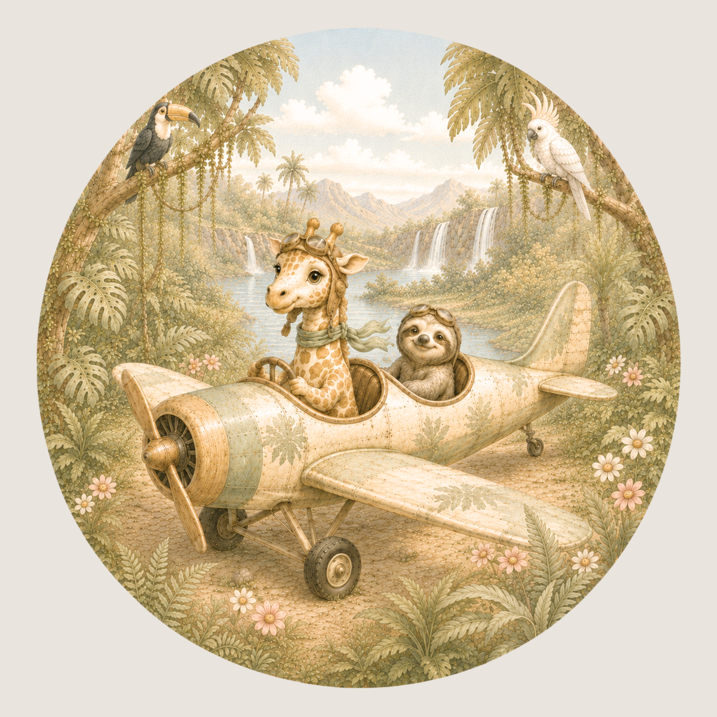 Ronde muursticker jungledieren vliegtuig | Baby- en kinderkamer