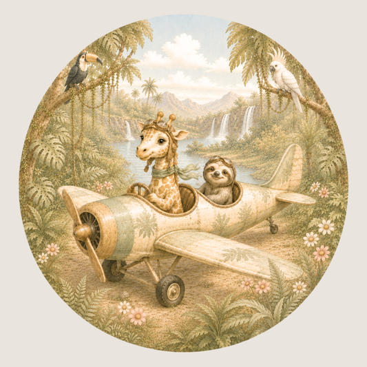 Ronde muursticker jungledieren vliegtuig | Baby- en kinderkamer